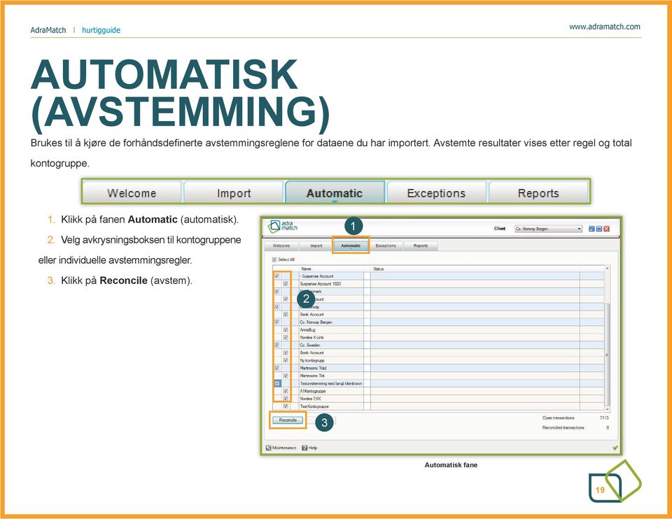 Avstemte resultater vises etter regel og total kontogruppe.