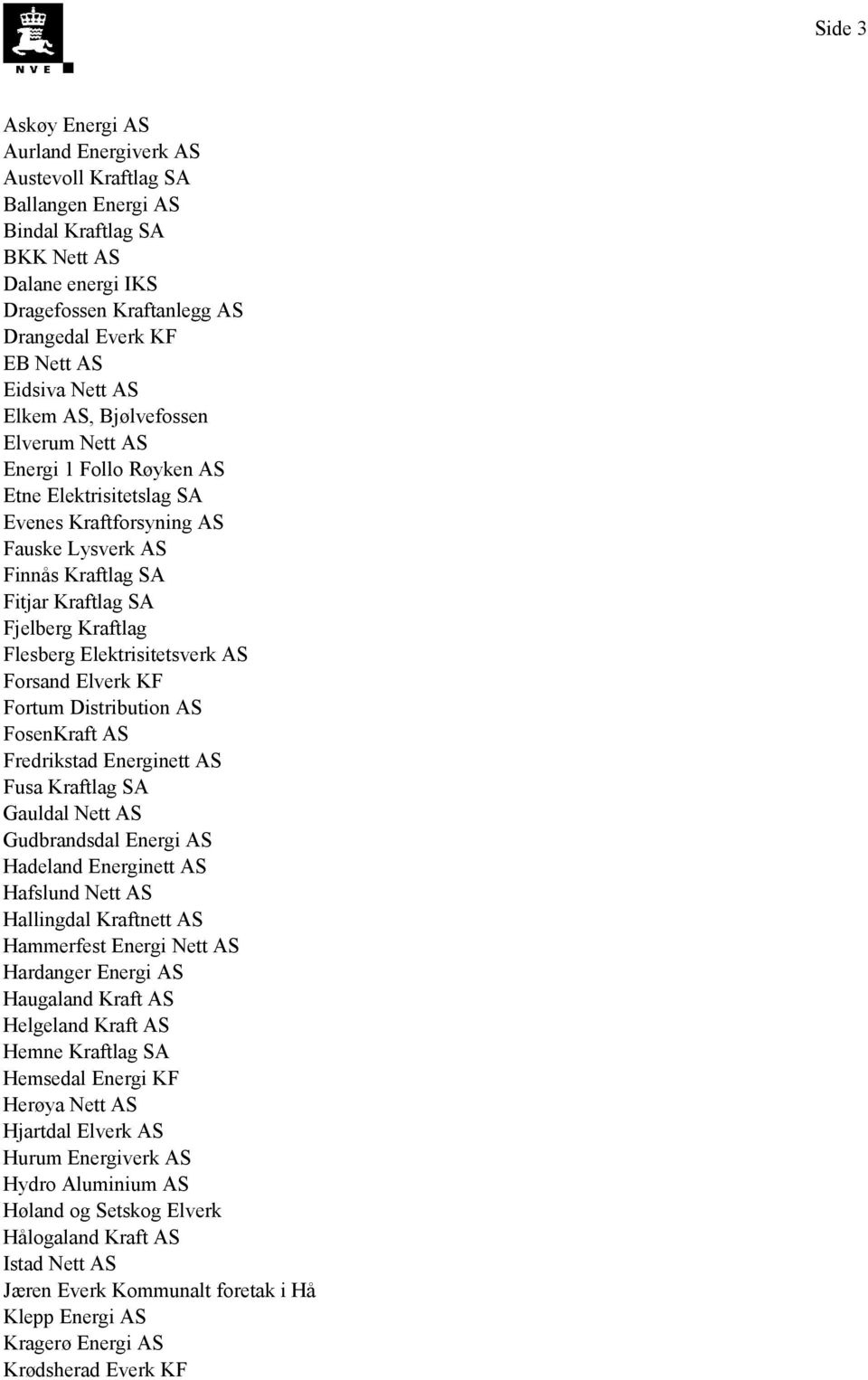 Elektrisitetsverk AS Forsand Elverk KF Fortum Distribution AS FosenKraft AS Fredrikstad Energinett AS Fusa Kraftlag SA Gauldal Nett AS Gudbrandsdal Energi AS Hadeland Energinett AS Hafslund Nett AS