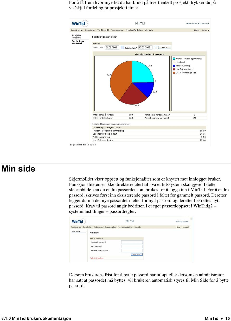 I dette skjermbilde kan du endre passordet som brukes for å logge inn i MinTid. For å endre passord, skrives først inn eksisterende passord i feltet for gammelt passord.