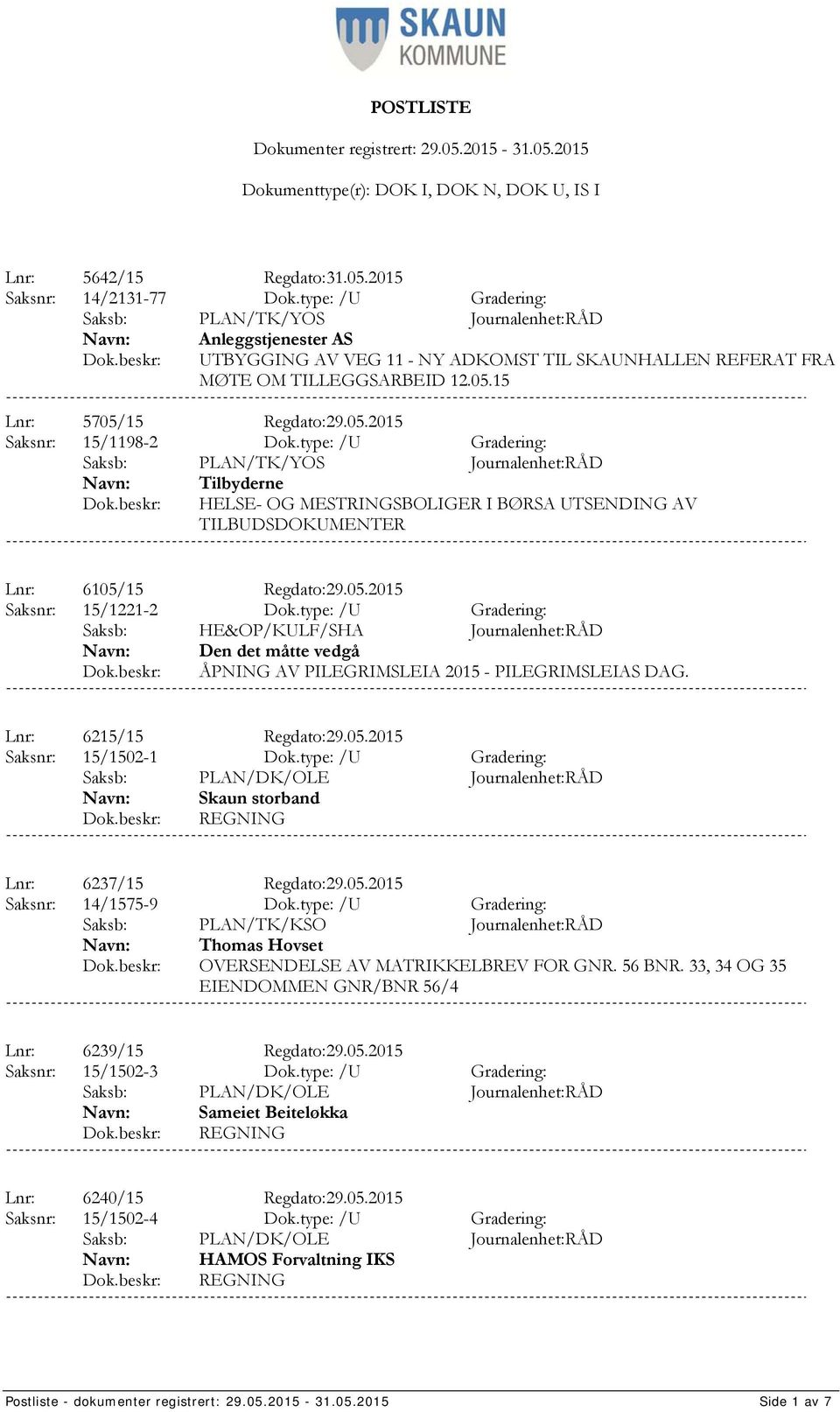 type: /U Gradering: Saksb: HE&OP/KULF/SHA Journalenhet:RÅD Den det måtte vedgå ÅPNING AV PILEGRIMSLEIA 2015 - PILEGRIMSLEIAS DAG. Lnr: 6215/15 Regdato:29.05.2015 Saksnr: 15/1502-1 Dok.