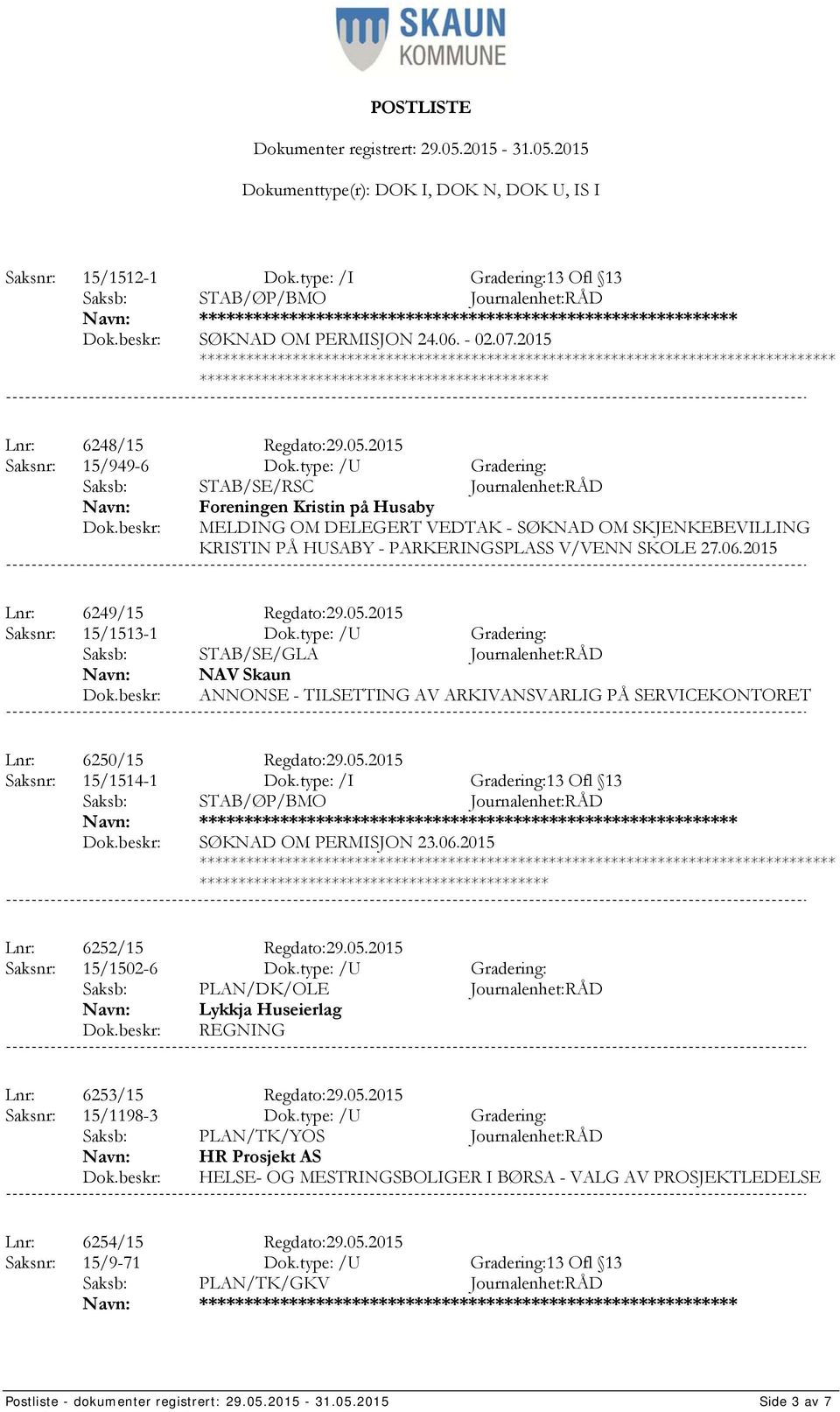 2015 Lnr: 6249/15 Regdato:29.05.2015 Saksnr: 15/1513-1 Dok.