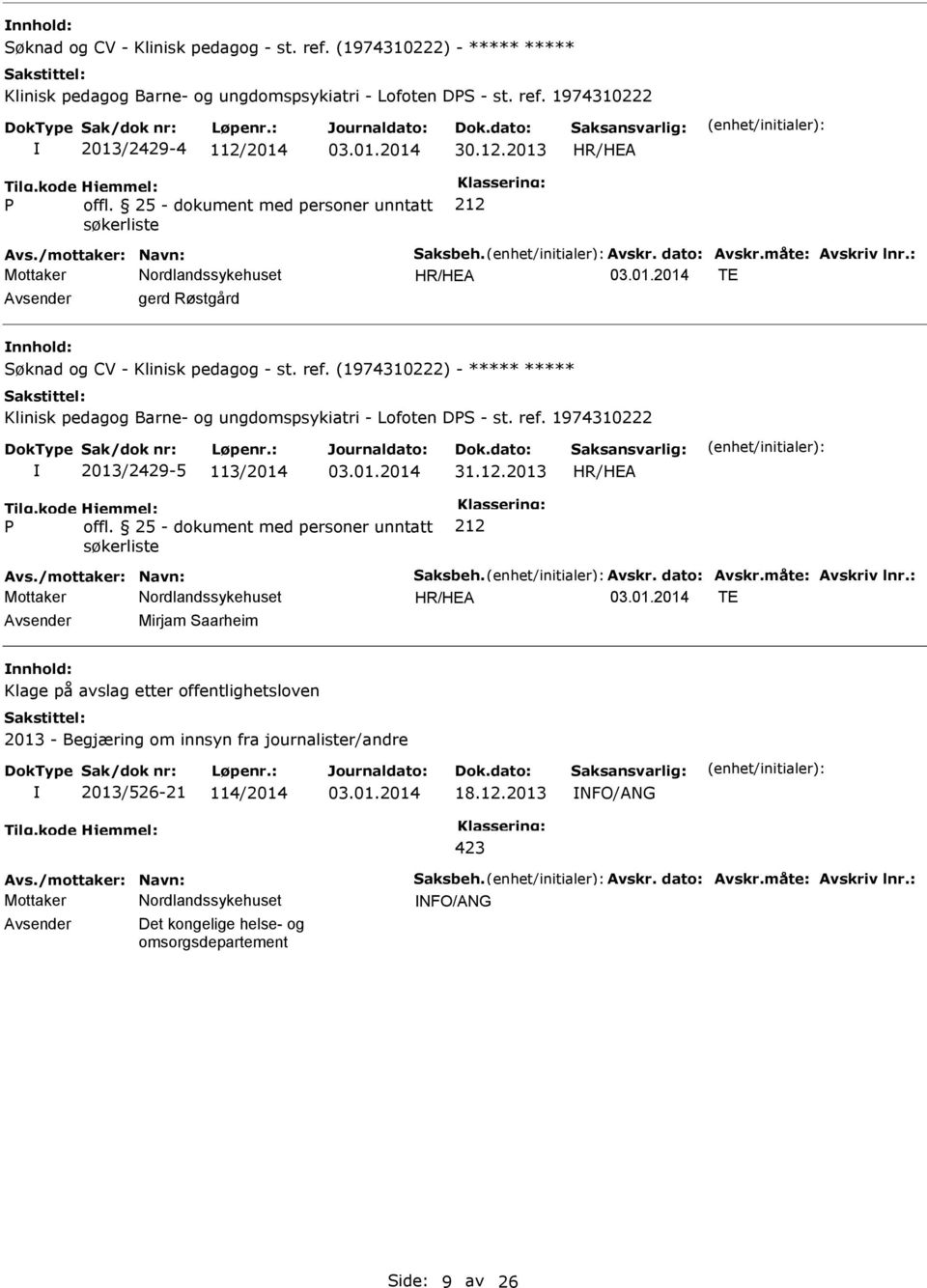 (1974310222) - Klinisk pedagog Barne- og ungdomspsykiatri - Lofoten DS - st. ref. 1974310222 2013/2429-5 113/2014 HR/HEA offl. 25 - dokument med personer unntatt søkerliste 212 Avs.