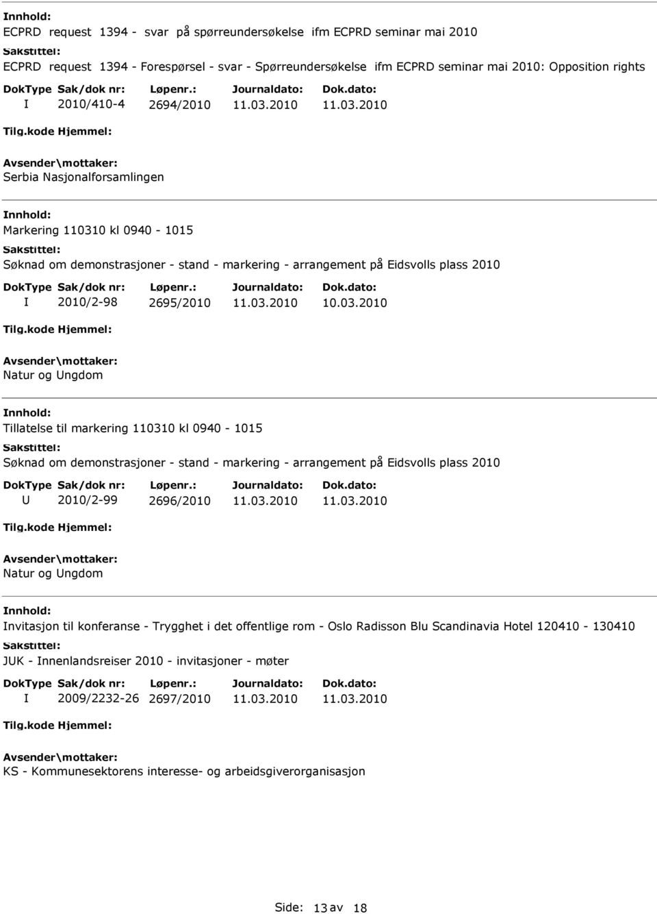 til markering 110310 kl 0940-1015 Søknad om demonstrasjoner - stand - markering - arrangement på Eidsvolls plass 2010 2010/2-99 2696/2010 Natur og ngdom nvitasjon til konferanse - Trygghet i det