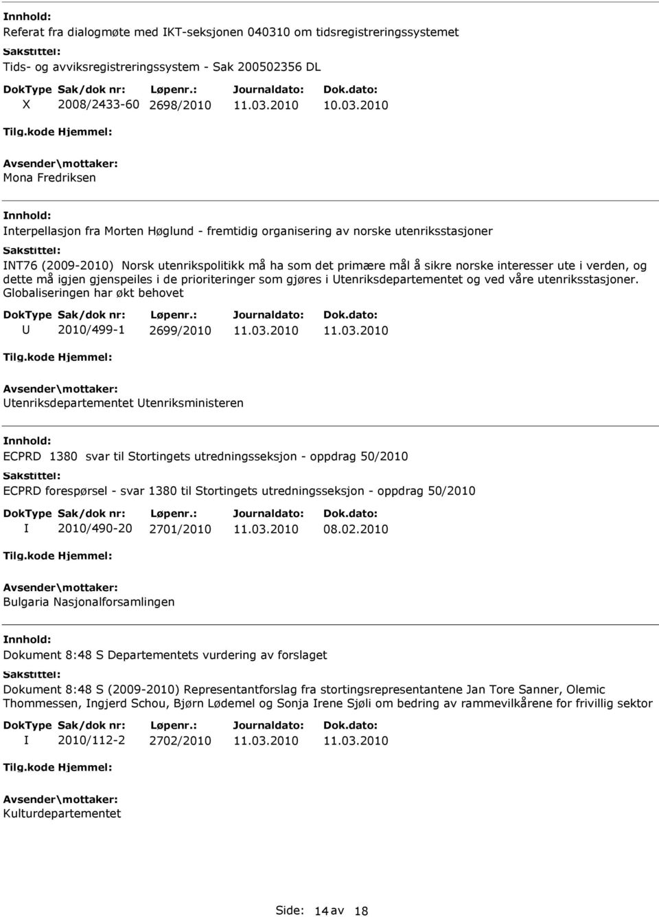 de prioriteringer som gjøres i tenriksdepartementet og ved våre utenriksstasjoner. Globaliseringen har økt behovet 2010/499-1 2699/2010 tenriksdepartementet tenriksministeren 2010/490-20 2701/2010 08.