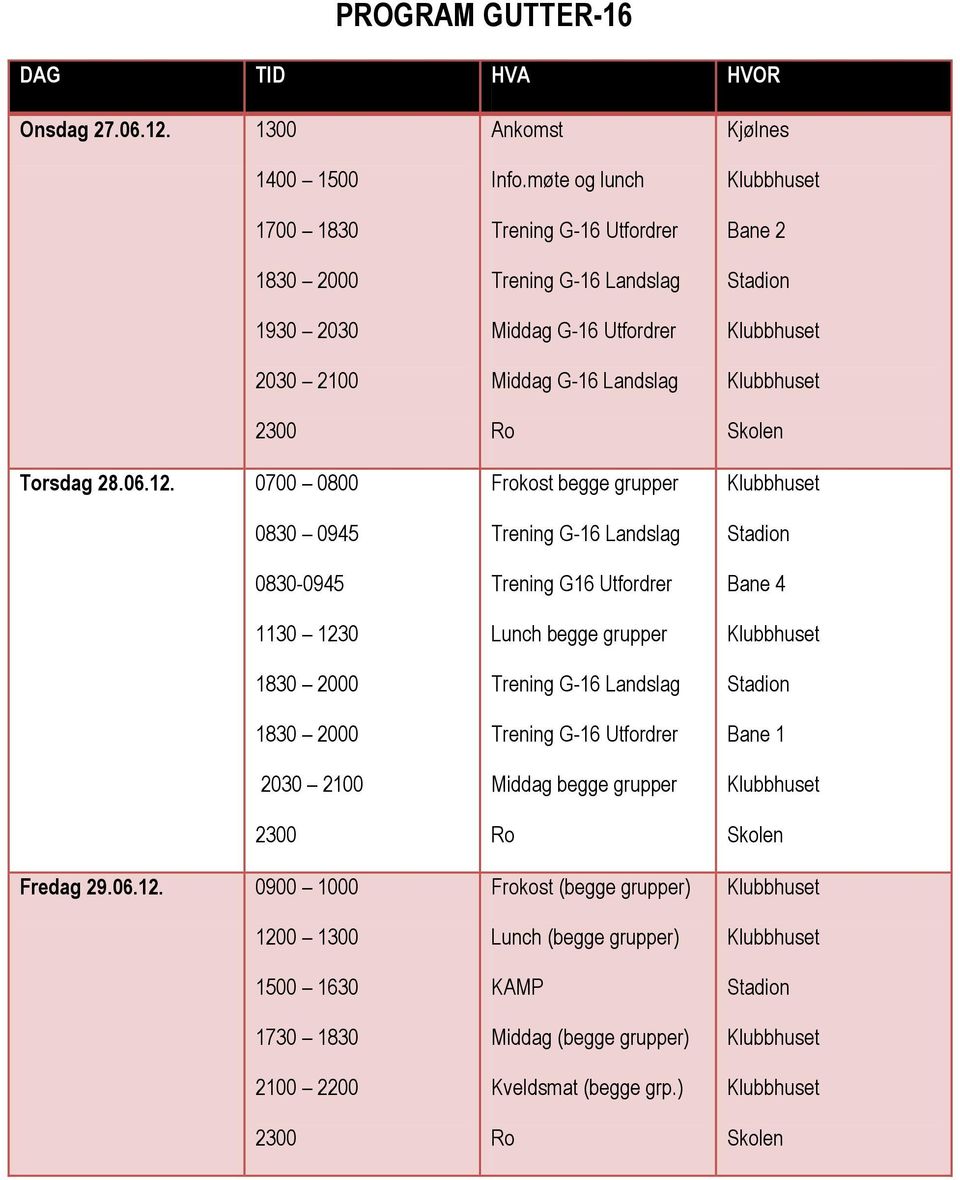 møte og lunch Trening G-16 Utfordrer Trening G-16 Landslag Middag G-16 Utfordrer Middag G-16 Landslag Frokost begge grupper Trening G-16 Landslag Trening G16 Utfordrer