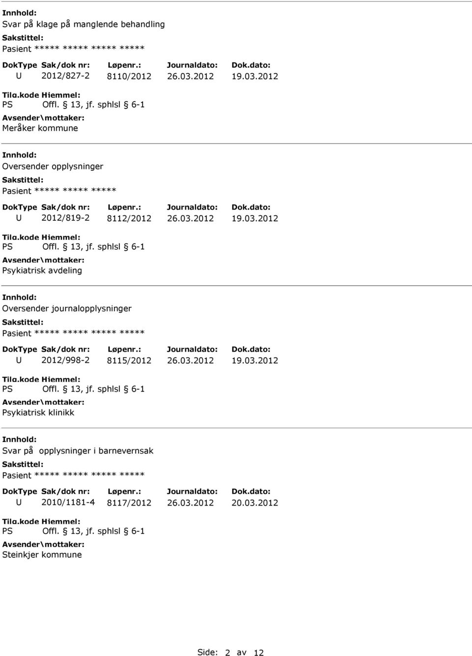 journalopplysninger ***** 2012/998-2 8115/2012 Psykiatrisk klinikk Svar på