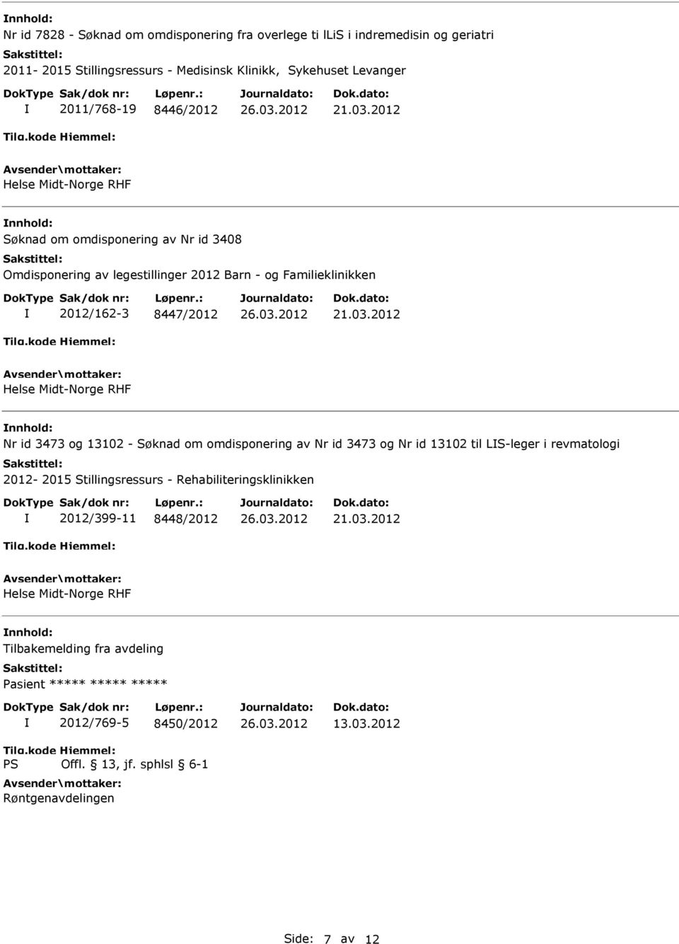 8447/2012 Helse Midt-Norge RHF Nr id 3473 og 13102 - Søknad om omdisponering av Nr id 3473 og Nr id 13102 til LS-leger i revmatologi 2012-2015