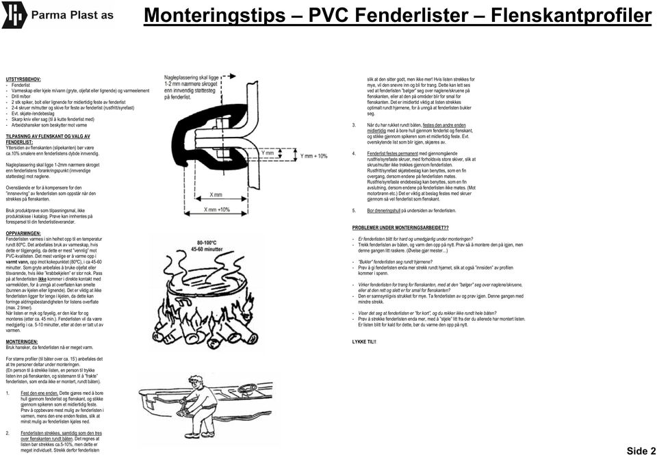 skjøte-/endebeslag TILPASNING AV FLENSKANT OG VALG AV FENDERLIST: Yttersiden av flenskanten (slipekanten) bør være ca.10% smalere enn fenderlistens dybde innvendig.