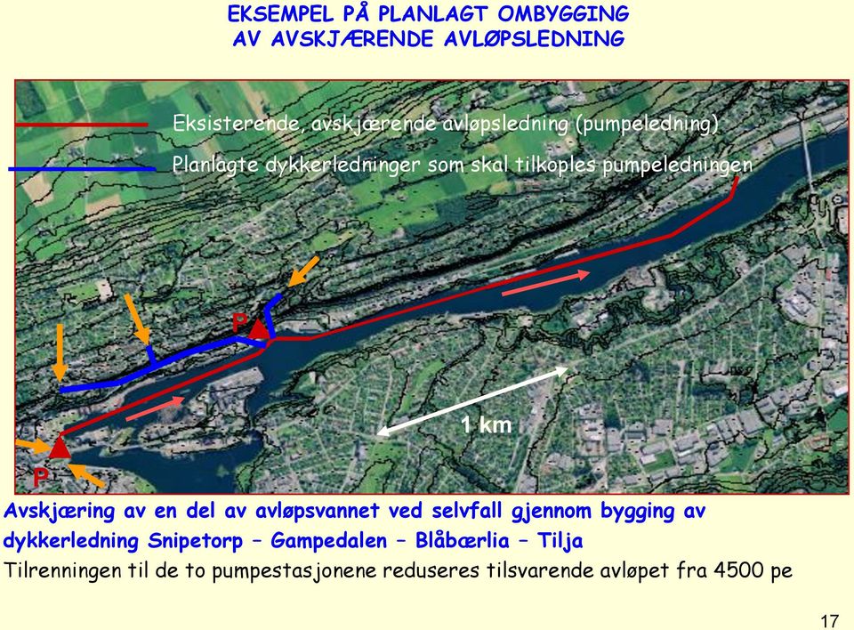 km Avskjæring av en del av avløpsvannet ved selvfall gjennom bygging av dykkerledning Snipetorp