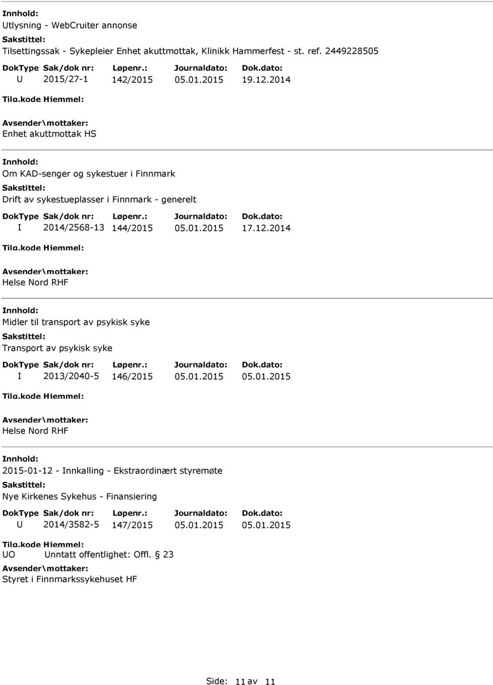 2014 Helse Nord RHF nnhold: Midler til transport av psykisk syke Transport av psykisk syke 2013/2040-5 146/2015 Helse Nord RHF nnhold: 2015-01-12 -