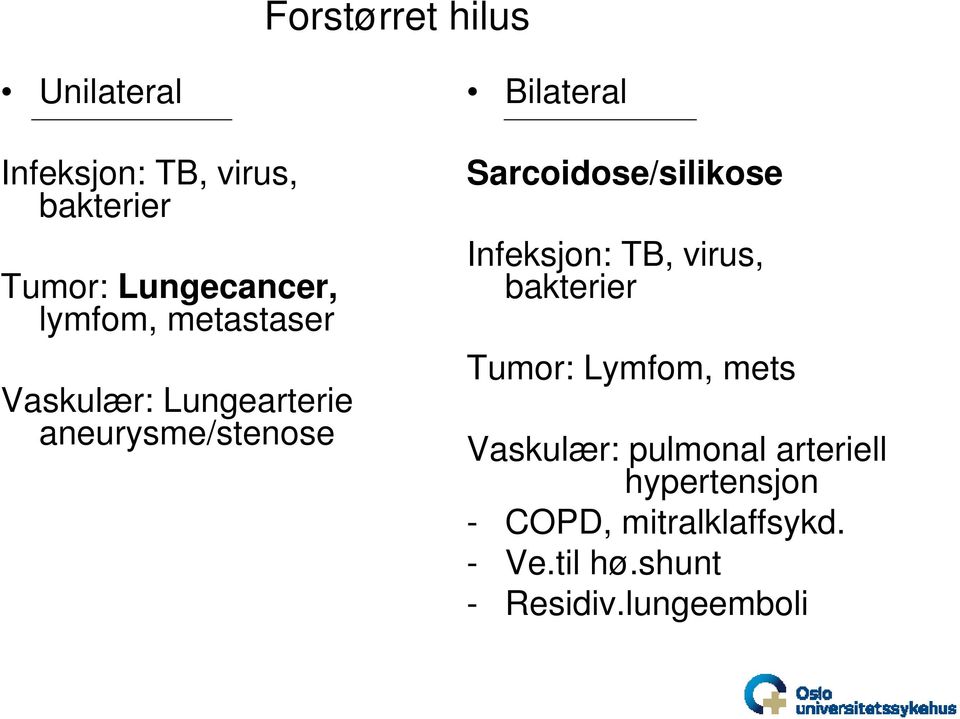 Sarcoidose/silikose Infeksjon: TB, virus, bakterier Tumor: Lymfom, mets Vaskulær: