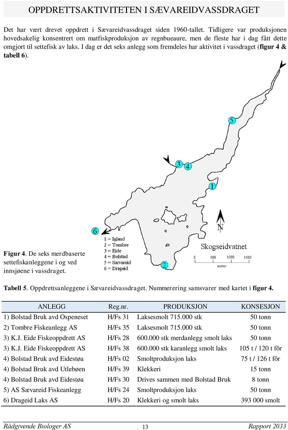 I dag er det seks anlegg som fremdeles har aktivitet i vassdraget (figur 4 & tabell 6). Figur 4. De seks merdbaserte settefiskanleggene i og ved innsjøene i vassdraget. Tabell 5.