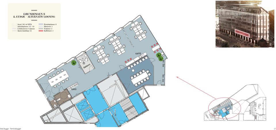 1 Arealet på 220 kvm BTA er her vist med en layout til 14 personer i åpent landskap, 2 møterom, kjøkkensone og kopi/print sone.