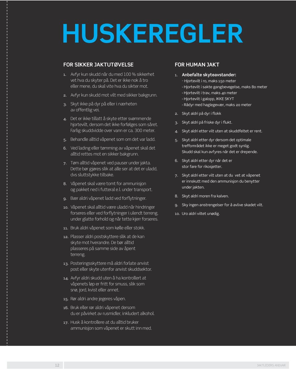 Farlig skuddvidde over vann er ca. 300 meter. 5. Behandle alltid våpenet som om det var ladd. 6. Ved lading eller tømming av våpenet skal det alltid rettes mot en sikker bakgrunn. 7.