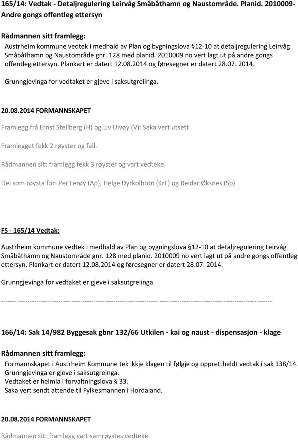 128 med planid. 2010009 no vert lagt ut på andre gongs offentleg ettersyn. Plankart er datert 12.08.