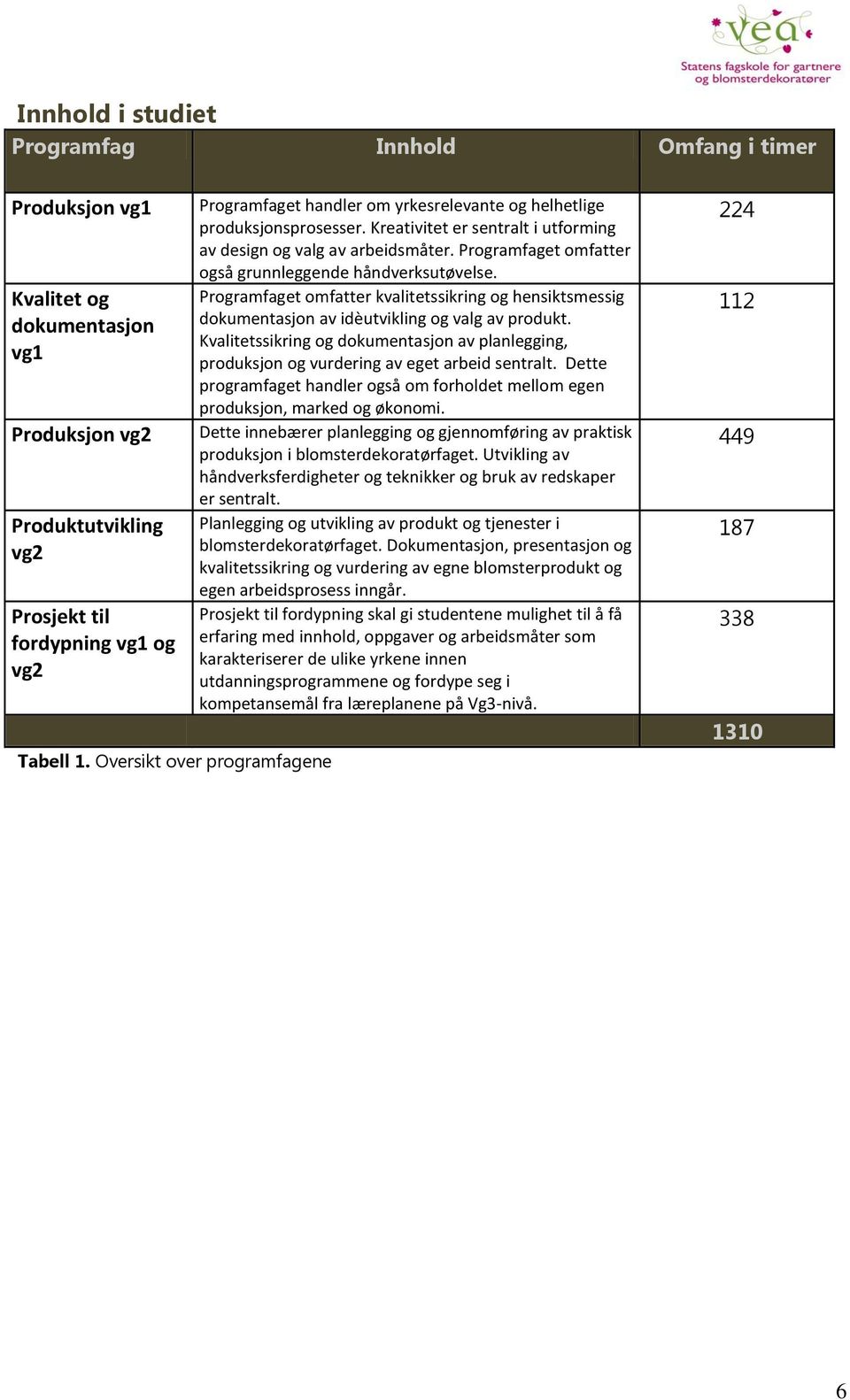 Programfaget omfatter også grunnleggende håndverksutøvelse. Programfaget omfatter kvalitetssikring og hensiktsmessig dokumentasjon av idèutvikling og valg av produkt.