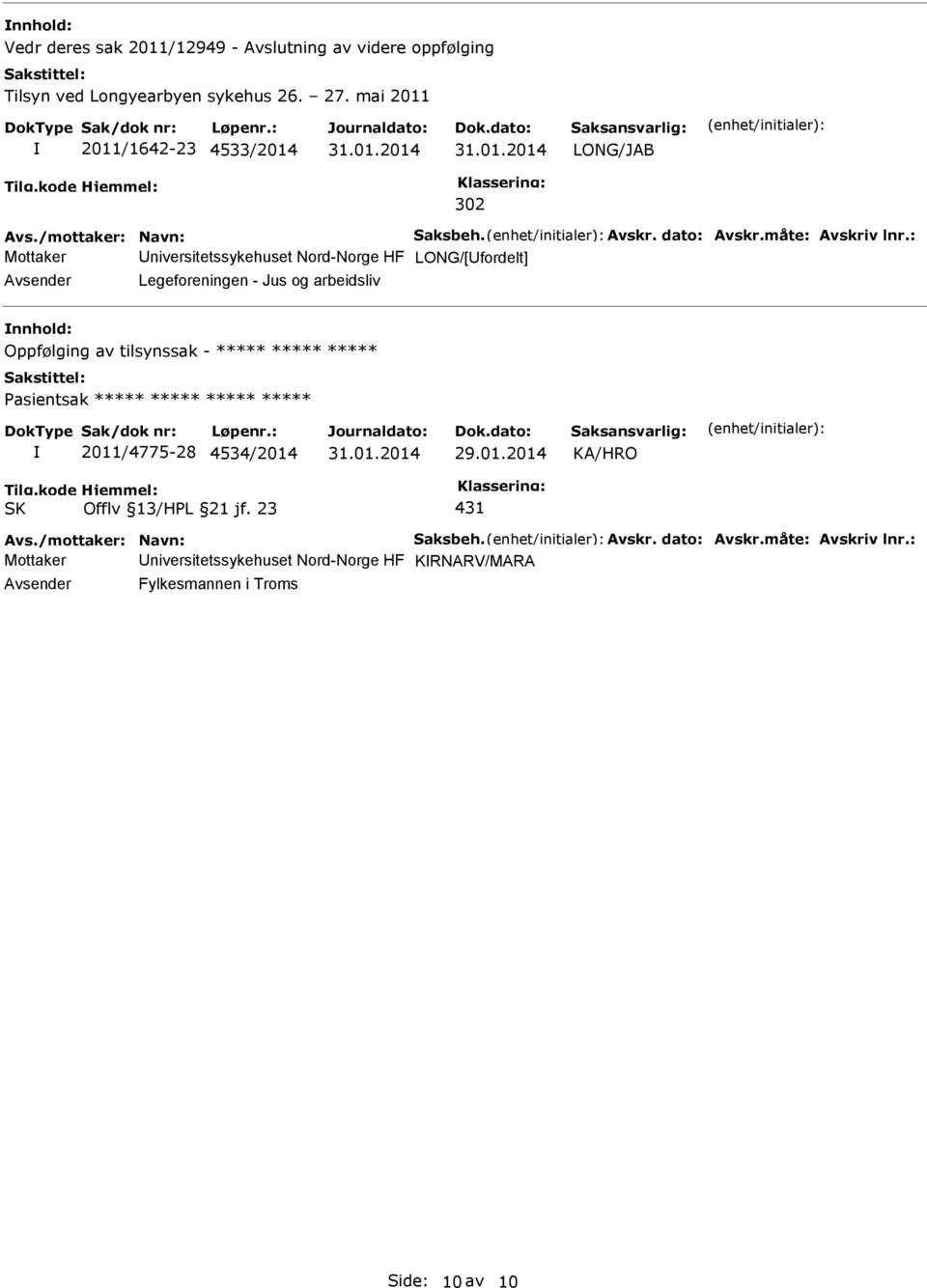 : Mottaker niversitetssykehuset Nord-Norge HF LONG/[fordelt] Legeforeningen - Jus og arbeidsliv Oppfølging av tilsynssak - ***** ***** *****