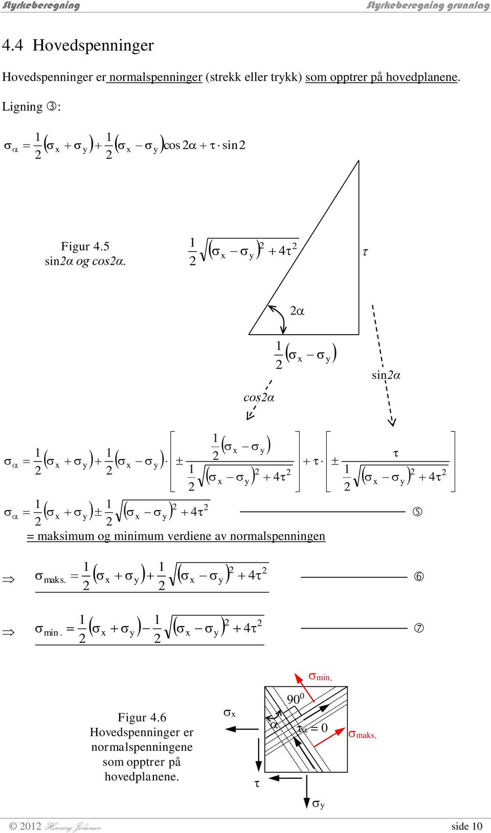 4 cosα sinα 4 = maksimum og minimum verdiene av normalspenningen 4 4 maks. 4 min.