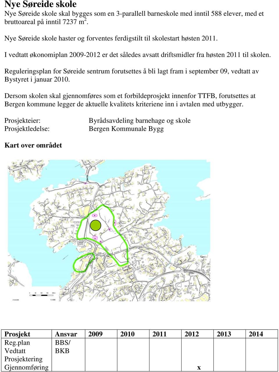 Reguleringsplan for Søreide sentrum forutsettes å bli lagt fram i september 09, vedtatt av Bystyret i januar 2010.