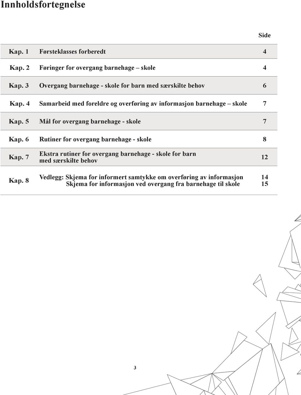 5 Mål for overgang barnehage - skole 7 Kap.