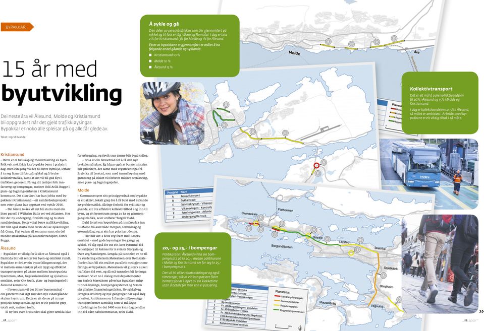 Etter at bypakkane er gjennomført er målet å ha følgande andel gåande og syklande: Kristiansund 10 % Molde 10 % Ålesund 15 % Kollektivtransport Det er eit mål å auke kollektivandelen til 20% i