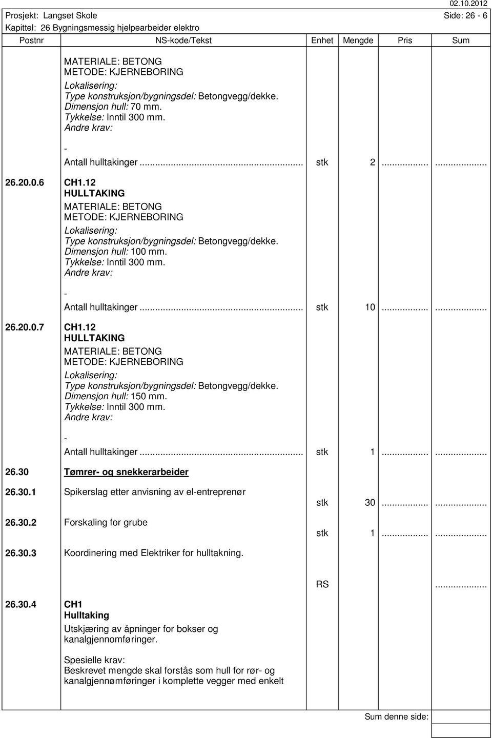 12 MATERIALE: BETONG METODE: KJERNEBORING Type konstruksjon/bygningsdel: Betongvegg/dekke. Dimensjon hull: 150 mm. Tykkelse: Inntil 300 mm. - Antall hulltakinger... stk 1...... 26.