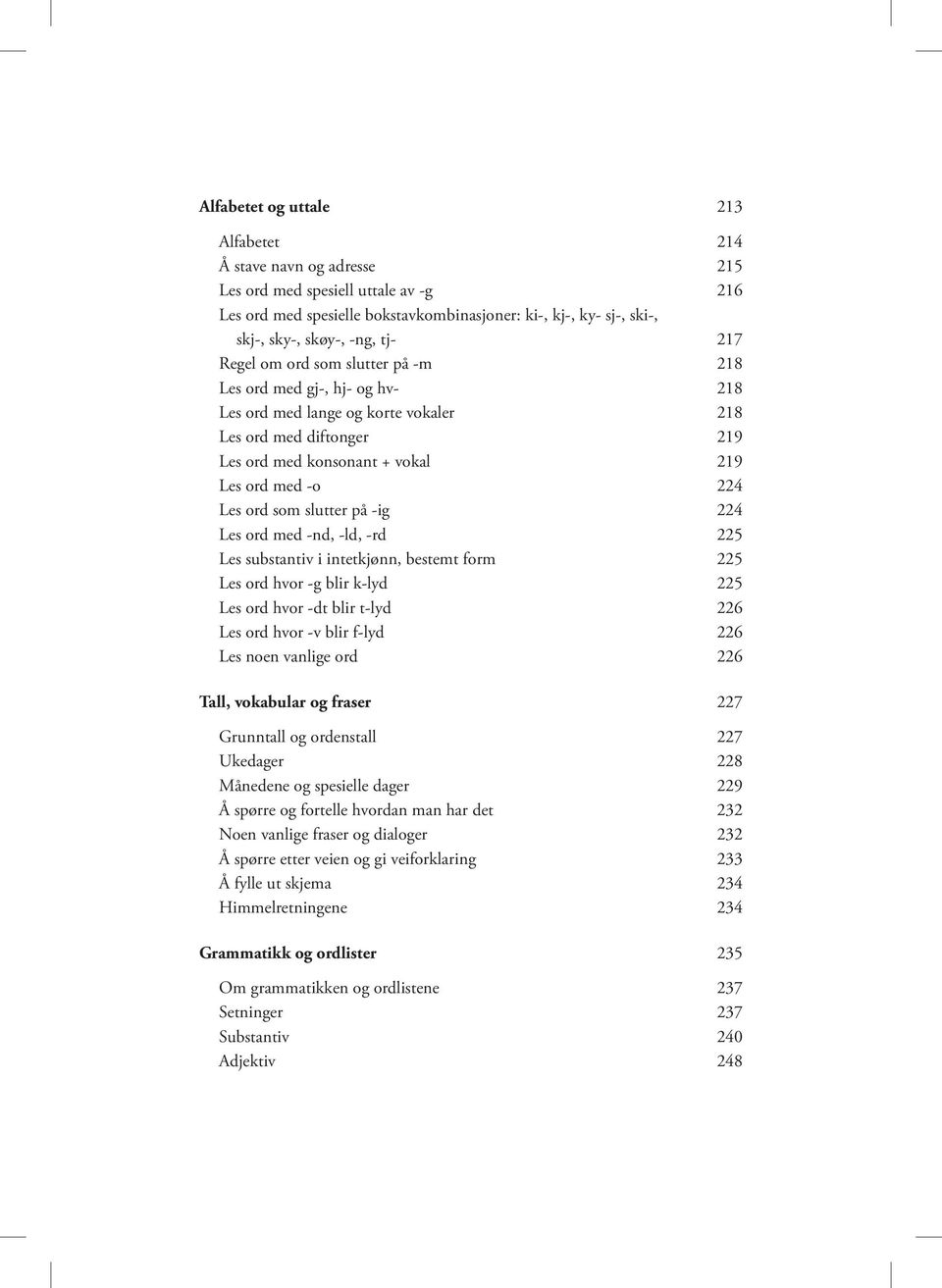 ord som slutter på -ig 224 Les ord med -nd, -ld, -rd 225 Les substantiv i intetkjønn, bestemt form 225 Les ord hvor -g blir k-lyd 225 Les ord hvor -dt blir t-lyd 226 Les ord hvor -v blir f-lyd 226