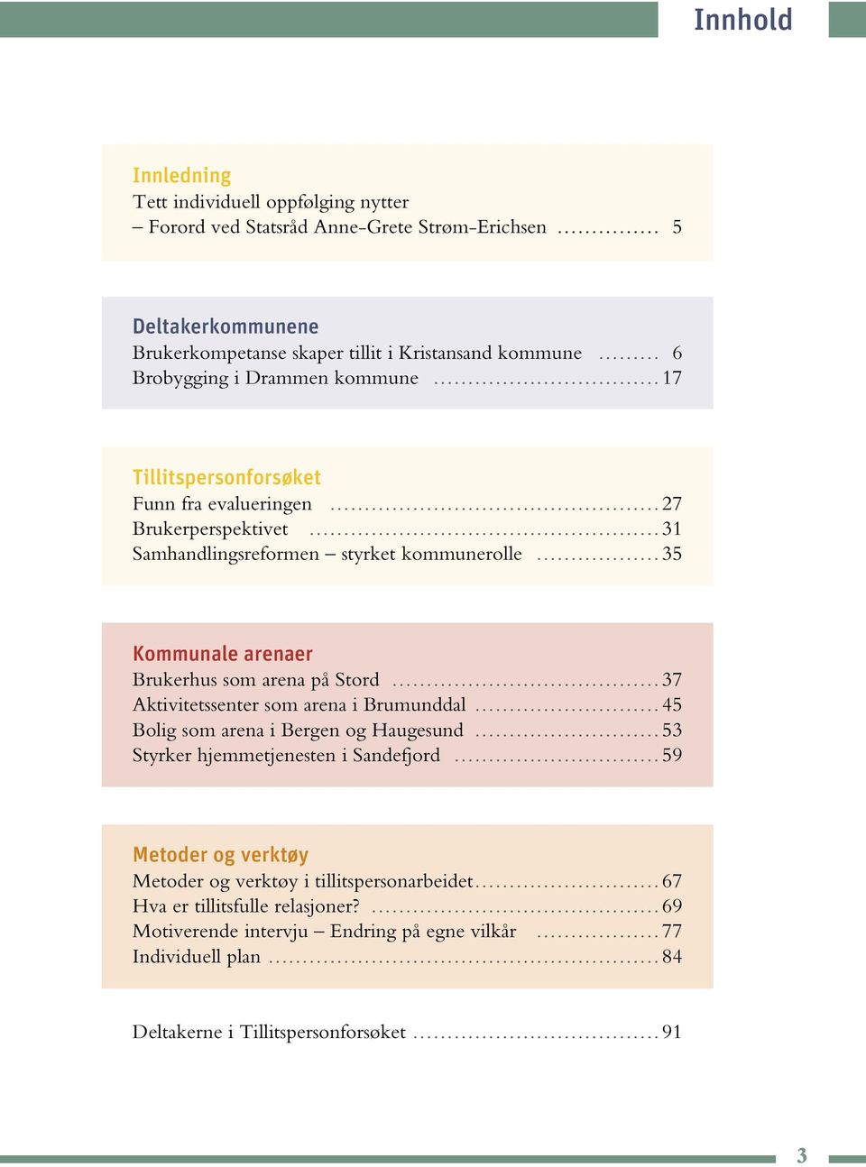 som arena på Stord 37 Aktivitetssenter som arena i Brumunddal 45 Bolig som arena i Bergen og Haugesund 53 Styrker hjemmetjenesten i Sandefjord 59 Metoder og verktøy Metoder og