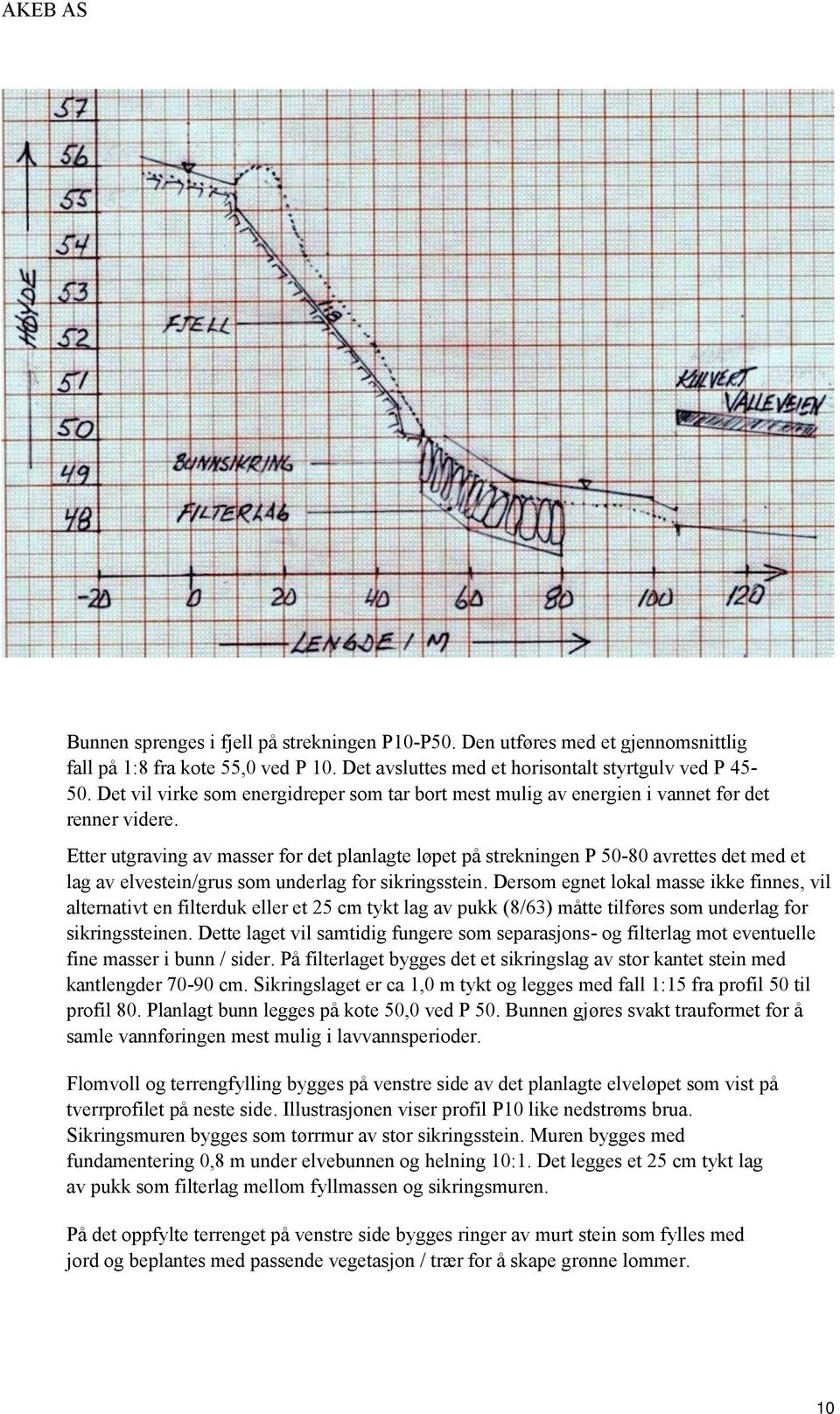 Etter utgraving av masser for det planlagte løpet på strekningen P 50-80 avrettes det med et lag av elvestein/grus som underlag for sikringsstein.