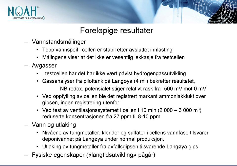 potensialet stiger relativt rask fra -500 mv mot 0 mv Ved oppfylling av cellen ble det registrert markant ammoniakklukt over gipsen, ingen registrering utenfor Ved test av ventilasjonssystemet i