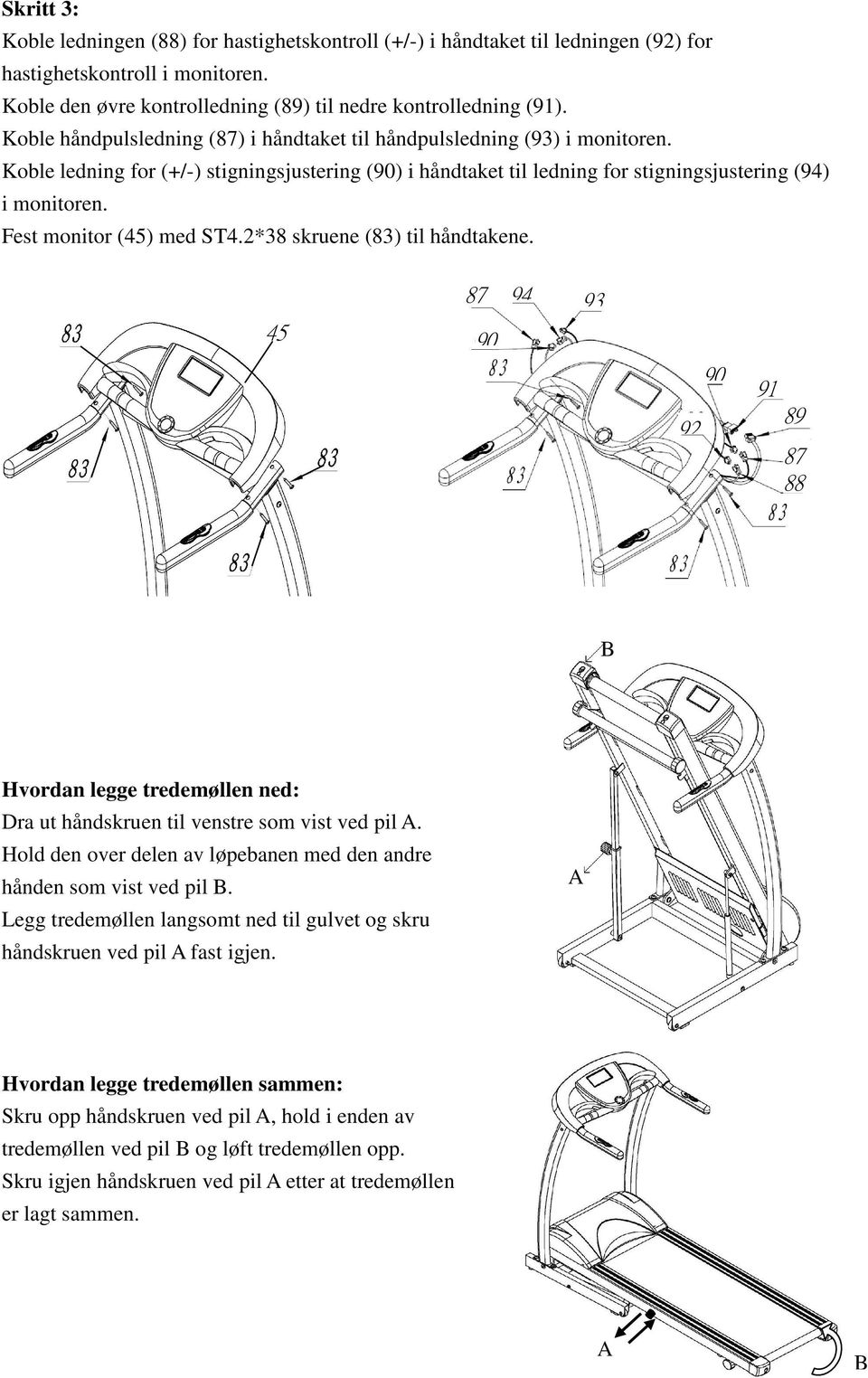 Fest monitor (45) med ST4.2*38 skruene (83) til håndtakene. 45 87 90 94 93 92 90 91 89 87 88 B Hvordan legge tredemøllen ned: Dra ut håndskruen til venstre som vist ved pil A.