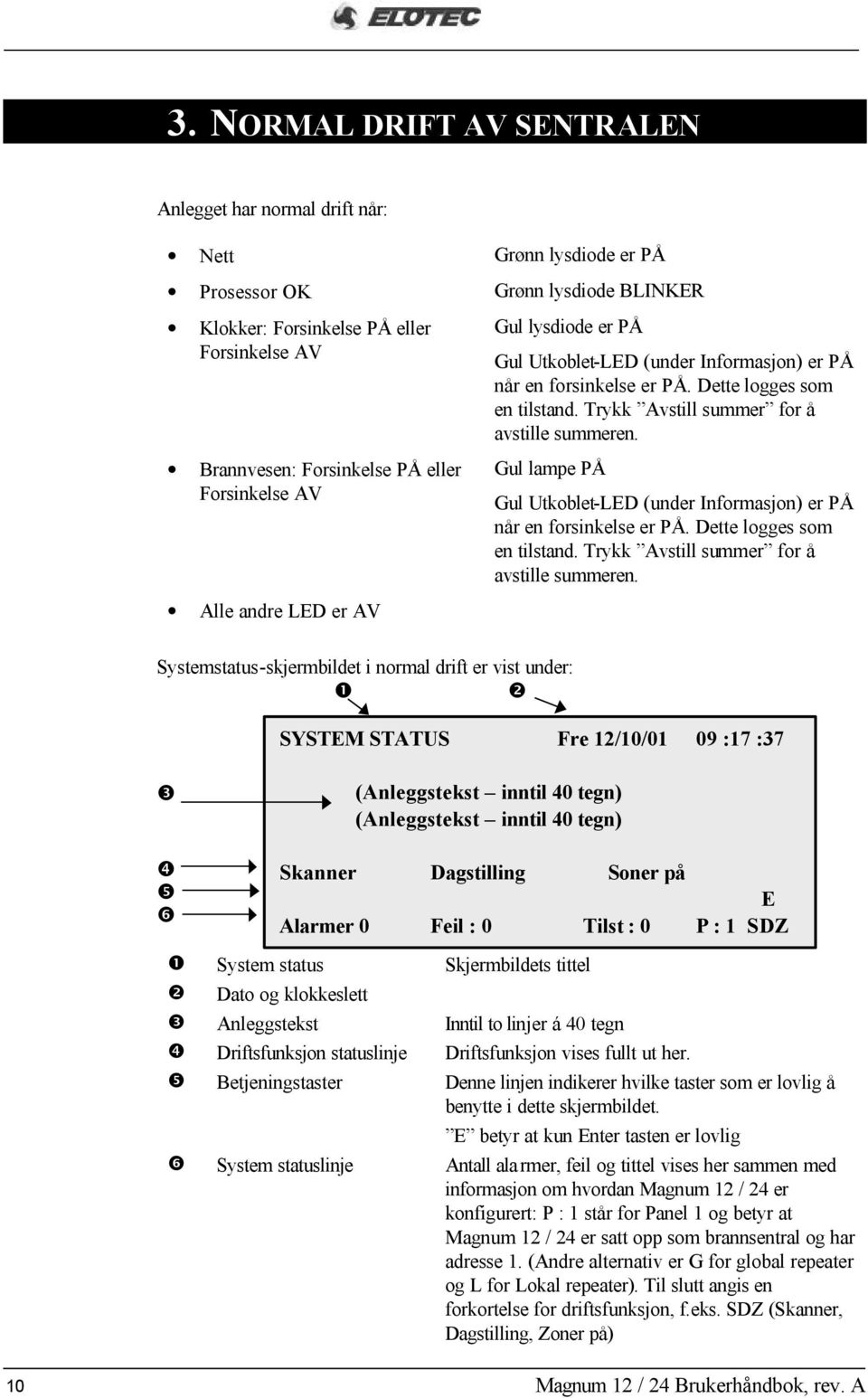 Gul lampe PÅ Systemstatus-skjermbildet i normal drift er vist under: ❶ ❷ Gul Utkoblet-LED (under Informasjon) er PÅ når en forsinkelse er PÅ. Dette logges som en tilstand.