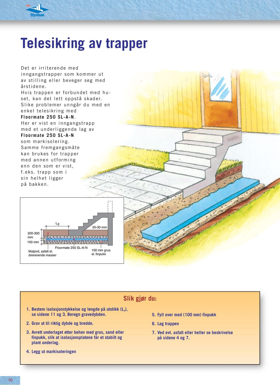 Samme fremgangsmåte kan brukes for trapper med annen utforming enn den som er vist, f.eks. trapp som i sin helhet ligger på bakken. L 3 200-300 mm 100 mm Floormate 250 SL-A-N Matjord, asfalt el.