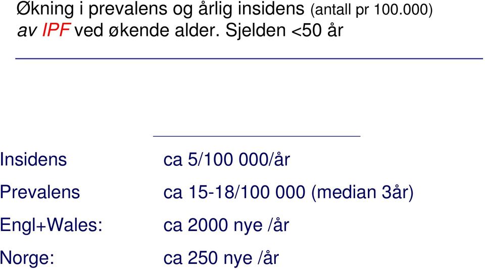 Sjelden <50 år Insidens Prevalens Engl+Wales: Norge: