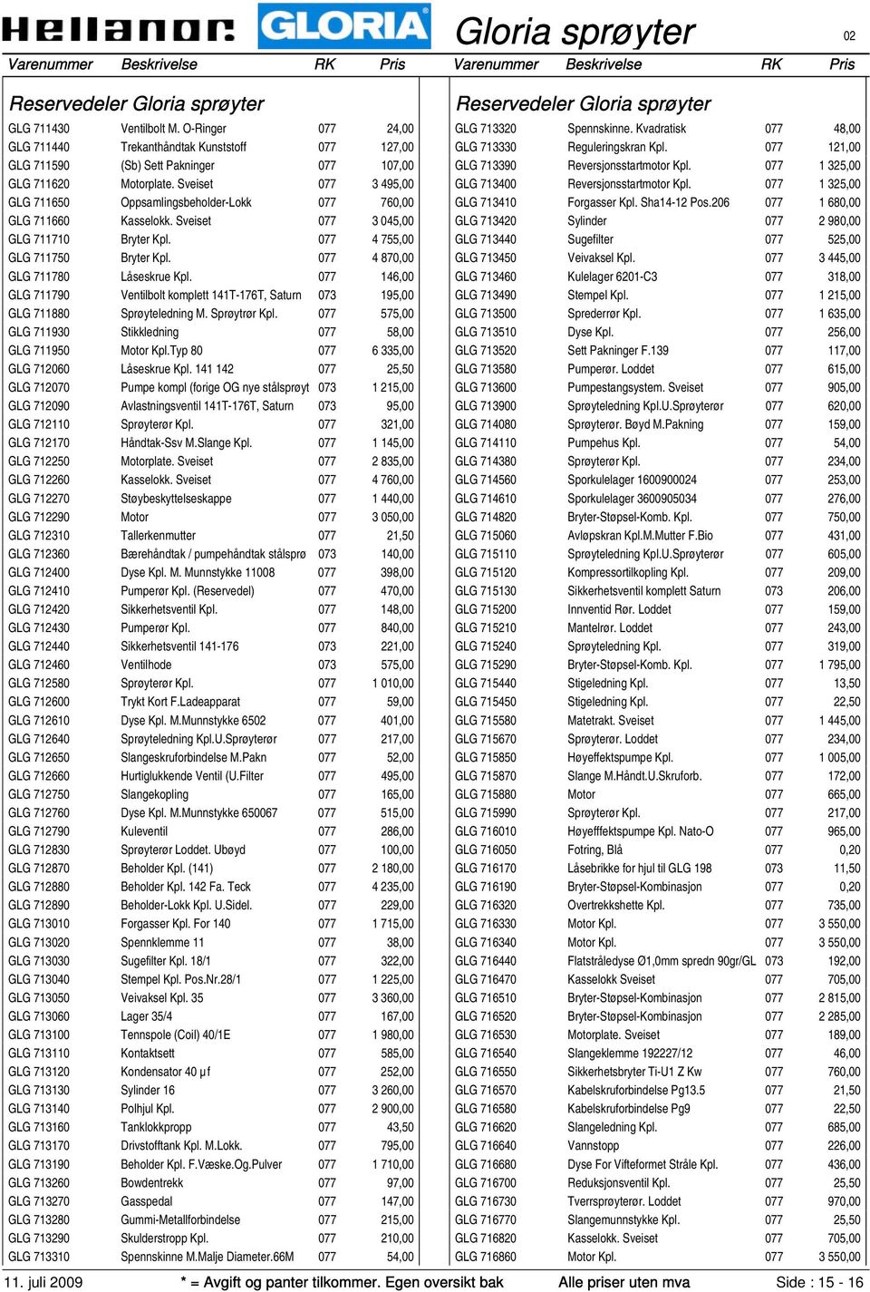 077 4 870,00 GLG 711780 Låseskrue Kpl. 077 146,00 GLG 711790 Ventilbolt komplett 141T-176T, Saturn 073 195,00 GLG 711880 Sprøyteledning M. Sprøytrør Kpl.