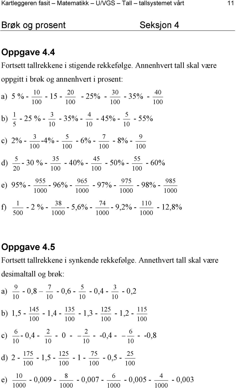 - 0% - - 0% - - 0% 0 9 9 97 9 e) 9% - - 9% - - 97% - - 9% - 0 0 0 0 f) 00 7 0 - % - -,% - - 9,% - -,% 0 0 0 Oppgave. Fortsett tallrekkene i synkende rekkefølge.