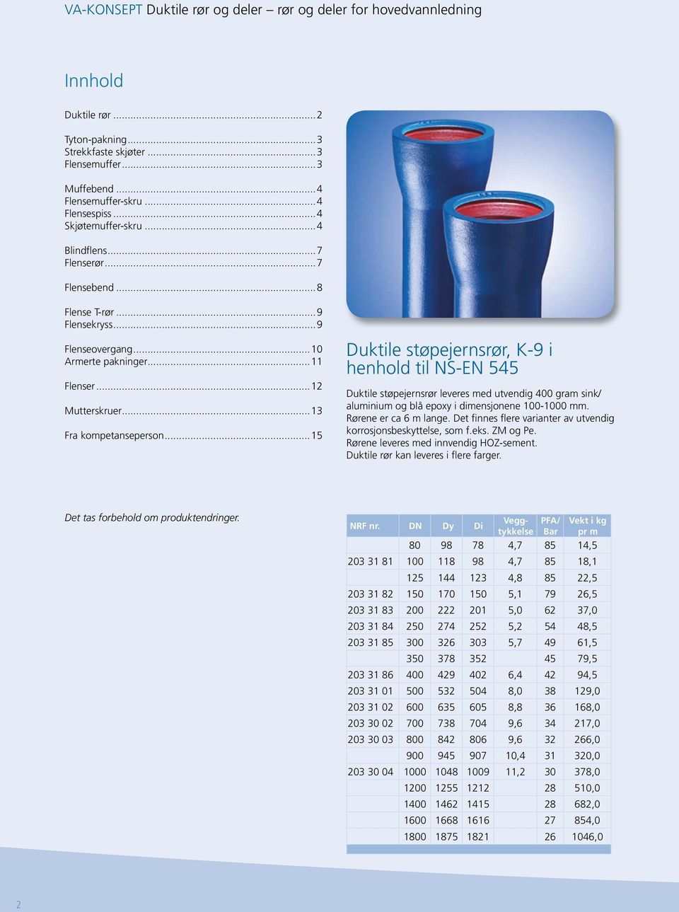 ..15 Duktile støpejernsrør, K-9 i henhold til NS-EN 545 Duktile støpejernsrør leveres med utvendig 400 gram sink/ aluminium og blå epoxy i dimensjonene 100-1000. Rørene er ca 6 m lange.