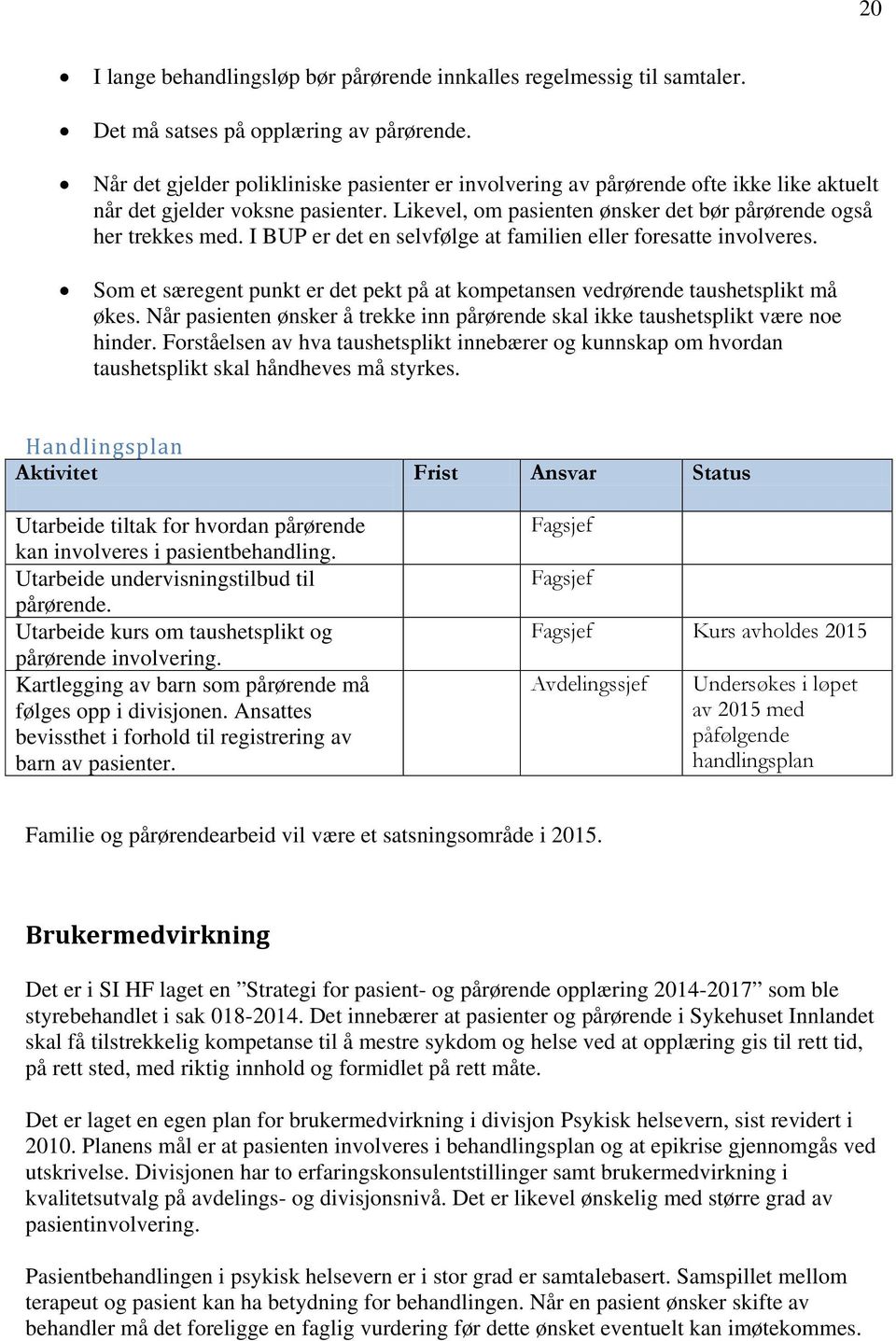 I BUP er det en selvfølge at familien eller foresatte involveres. Som et særegent punkt er det pekt på at kompetansen vedrørende taushetsplikt må økes.