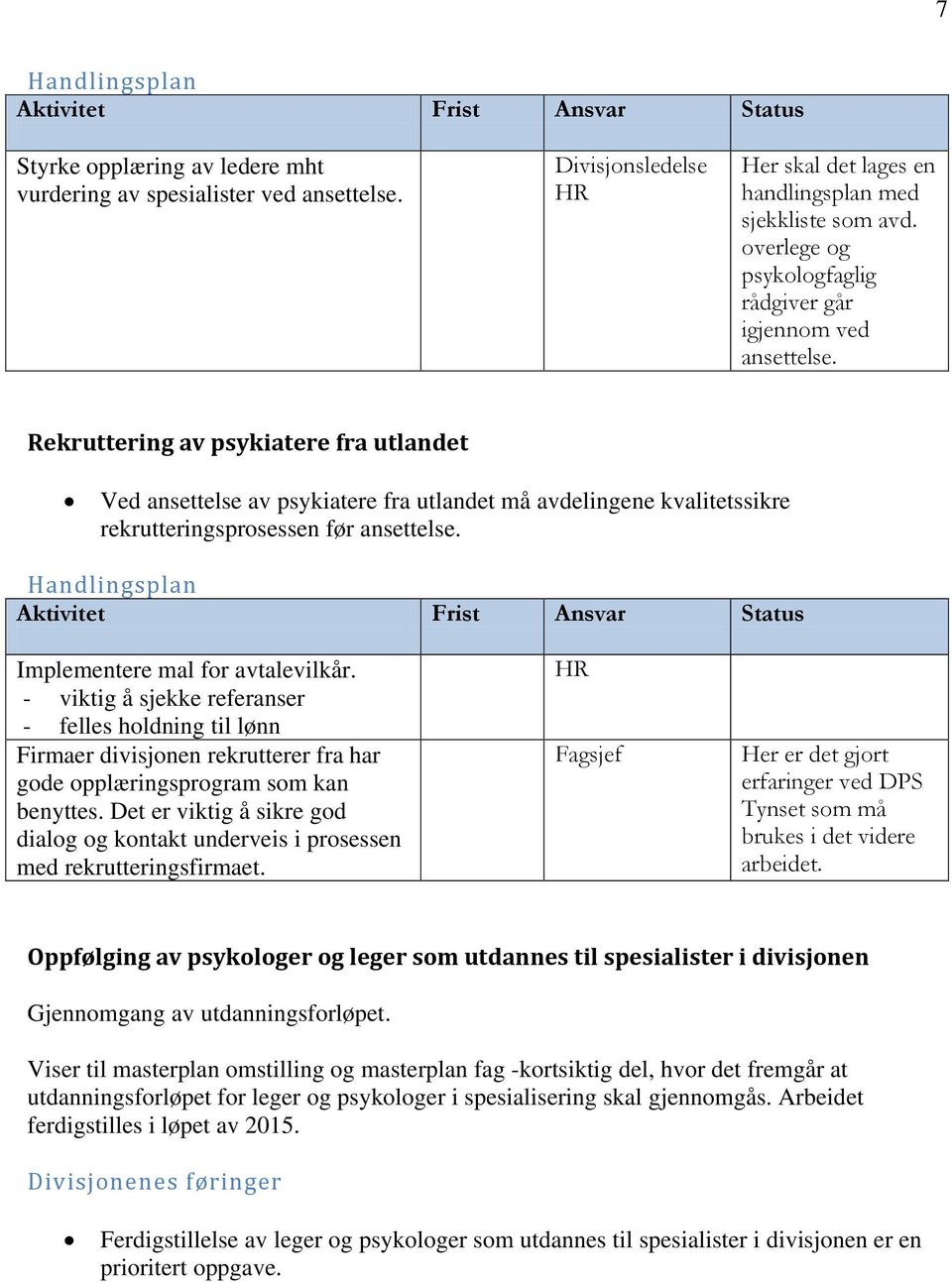 Rekruttering av psykiatere fra utlandet Ved ansettelse av psykiatere fra utlandet må avdelingene kvalitetssikre rekrutteringsprosessen før ansettelse. Implementere mal for avtalevilkår.