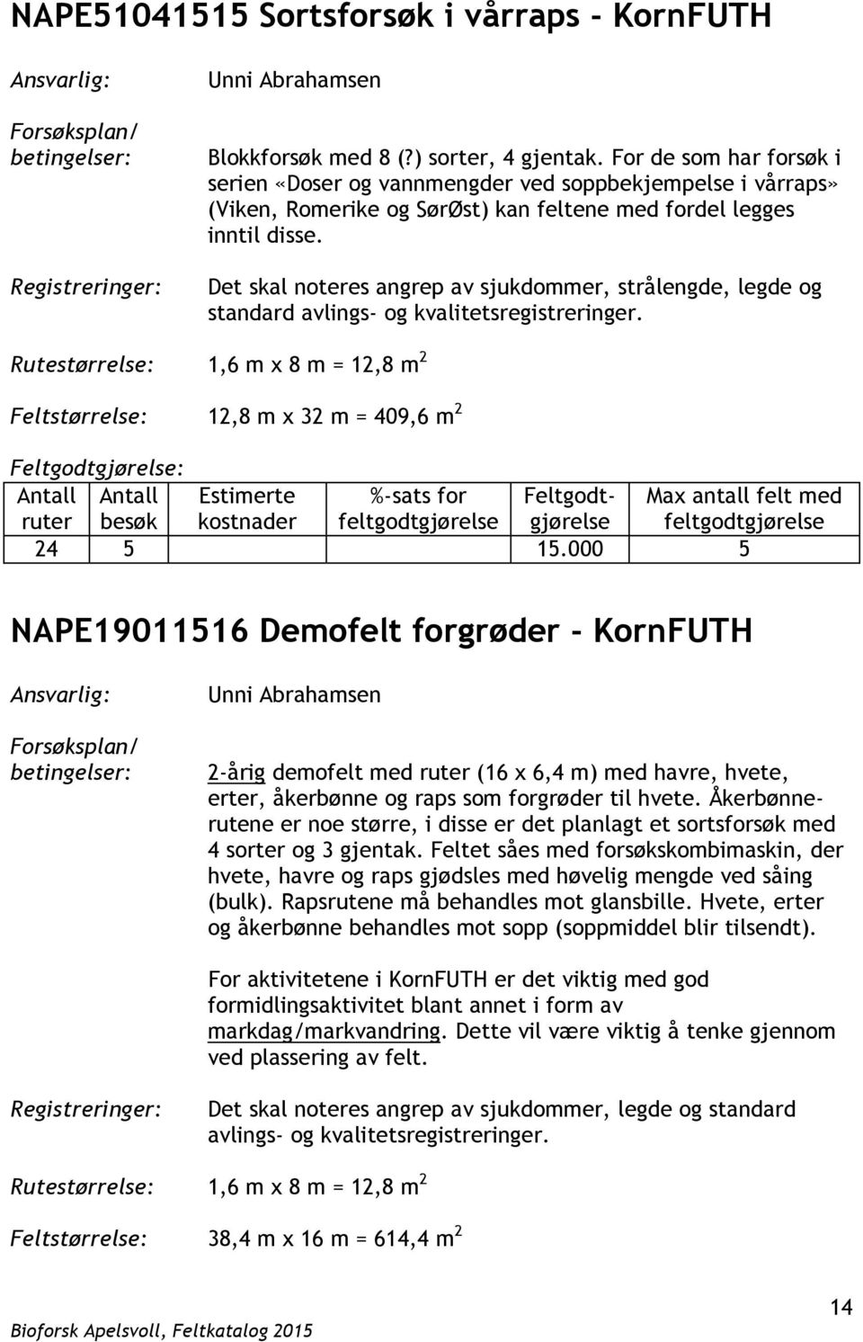 Det skal noteres angrep av sjukdommer, strålengde, legde og standard avlings- og kvalitetsregistreringer.