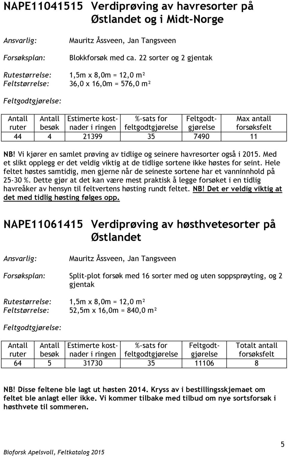 feltgodtgjørelse gjørelse forsøksfelt 44 4 21399 35 7490 11 NB! Vi kjører en samlet prøving av tidlige og seinere havresorter også i 2015.