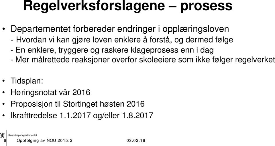 - Mer målrettede reaksjoner overfor skoleeiere som ikke følger regelverket Tidsplan: Høringsnotat vår