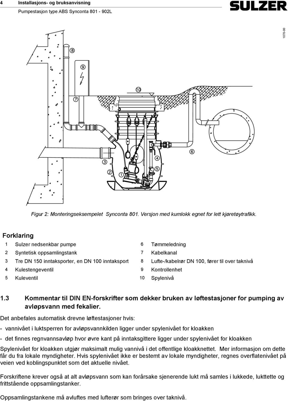 Kulestengeventil 9 Kontrollenhet 5 Kuleventil 10 Spylenivå 1.3 Kommentar til DIN EN-forskrifter som dekker bruken av løftestasjoner for pumping av avløpsvann med fekalier.