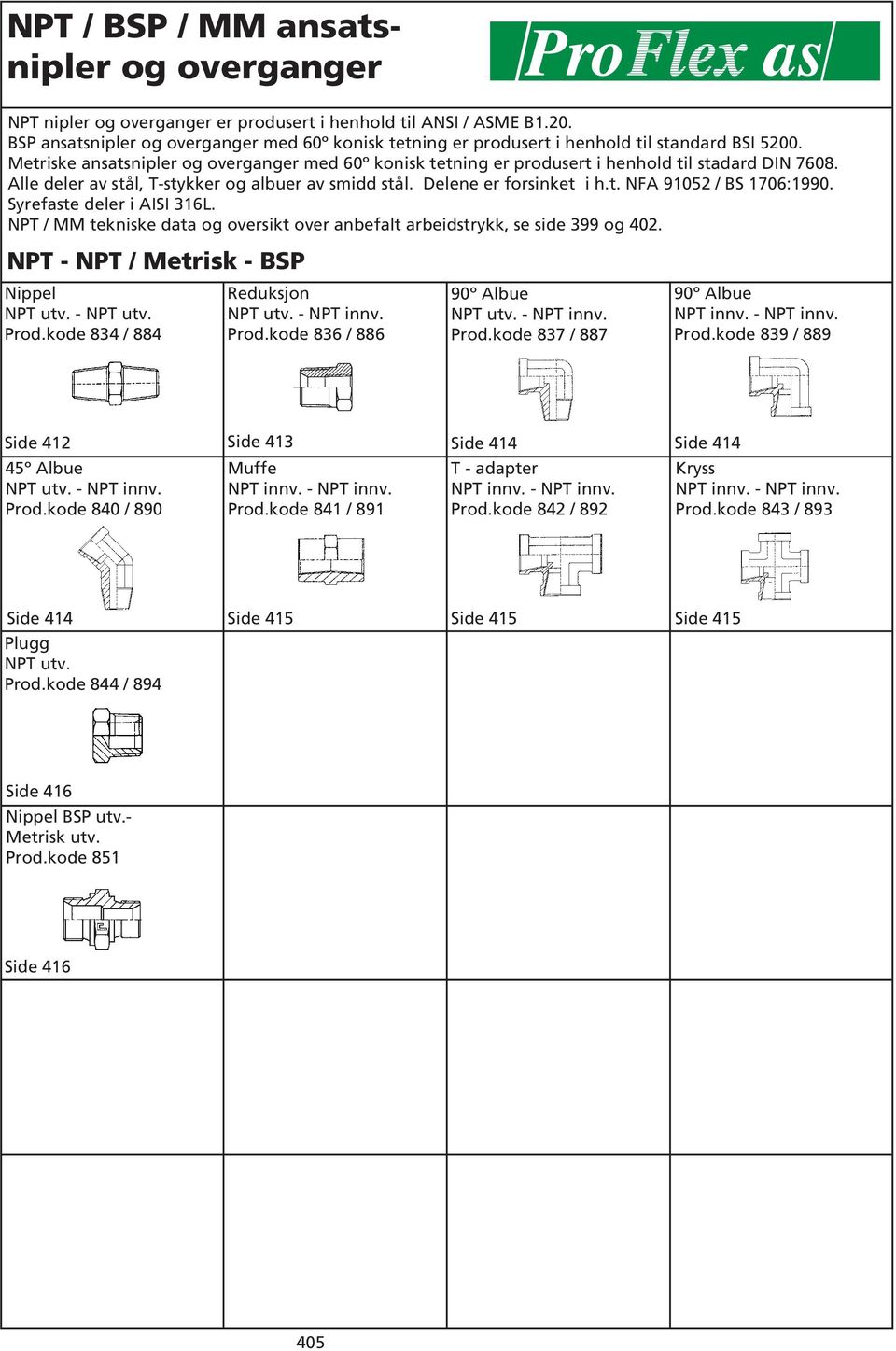 Syrefaste deler i ISI L. NPT / MM tekniske data og oversikt over anbefalt arbeidstrykk, se side 399 og 40. NPT - NPT / Metrisk - SP Nippel NPT utv. - NPT utv. Prod.kode 8 / 884 Reduksjon NPT utv.