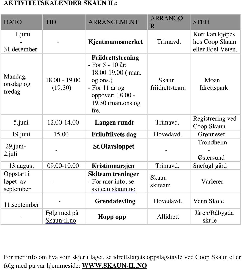 Moan Idrettspark Registrering ved Coop Skaun 19.juni 15.00 Friluftlivets dag Hovedavd. Grønneset Trondheim St.Olavsloppet Østersund 13.august 09.0010.00 Kristinmarsjen Trimavd.