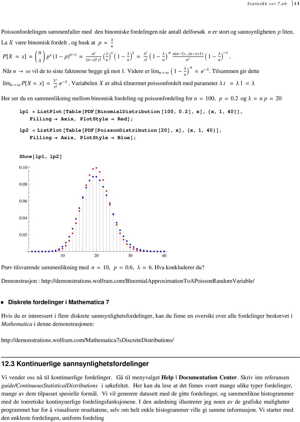 Tilsammen gir dette lim n P X x Λx x Λ. Variabelen X er altså tilnærmet poissonfordelt med parameter Λ t Λ Λ Her ser du en sammenlikning mellom binomisk fordeling og poissonfordeling for n 00, p 0.