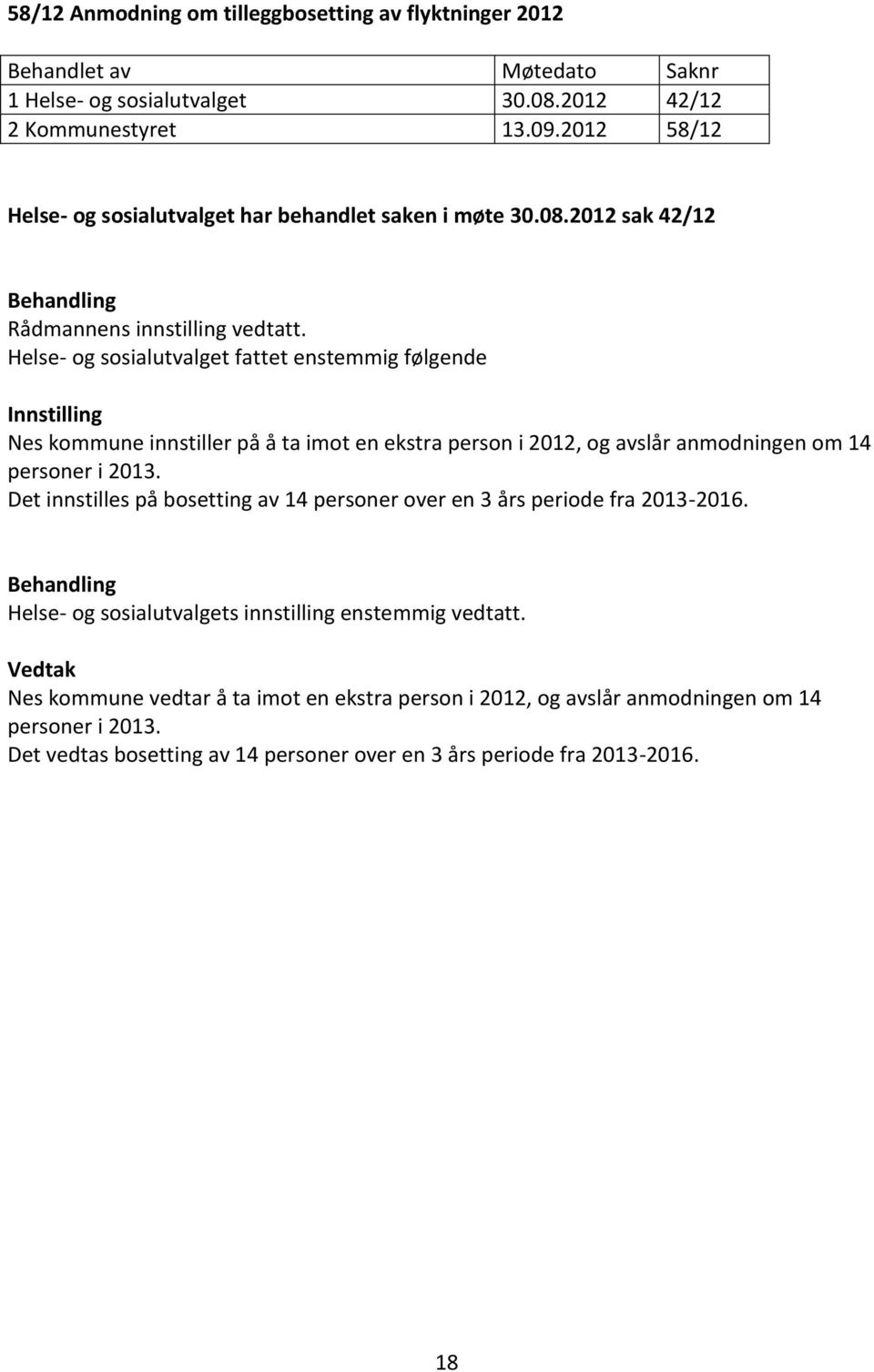 Helse- og sosialutvalget fattet enstemmig følgende Innstilling Nes kommune innstiller på å ta imot en ekstra person i 2012, og avslår anmodningen om 14 personer i 2013.