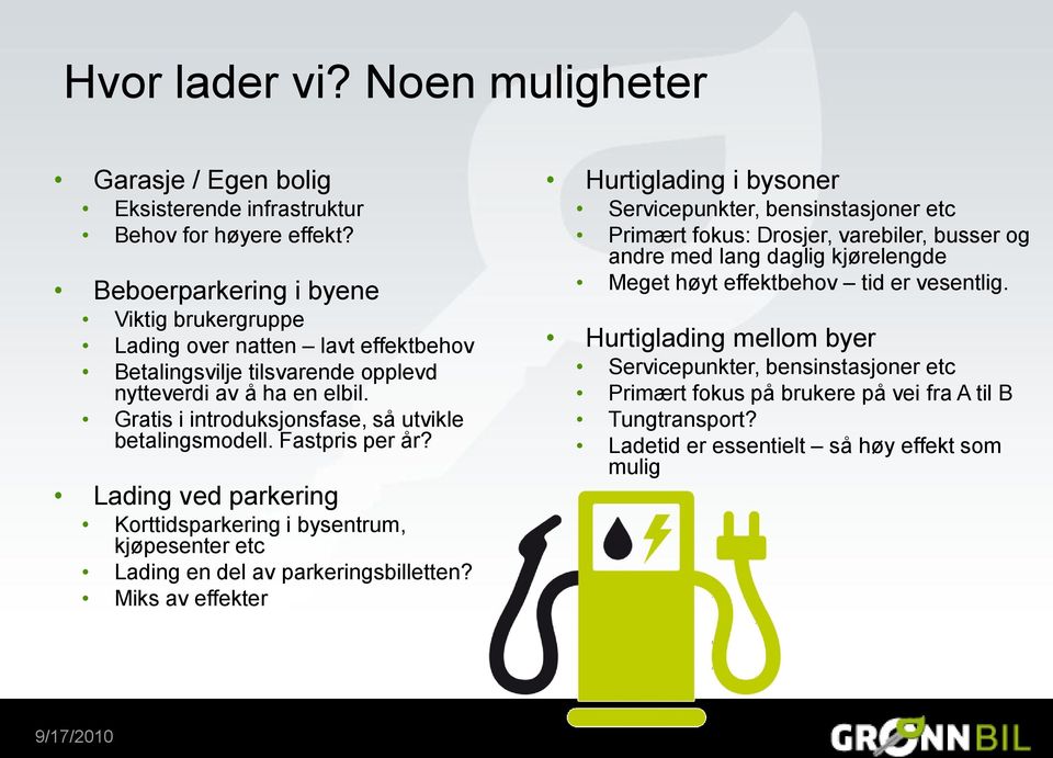 Gratis i introduksjonsfase, så utvikle betalingsmodell. Fastpris per år? Lading ved parkering Korttidsparkering i bysentrum, kjøpesenter etc Lading en del av parkeringsbilletten?