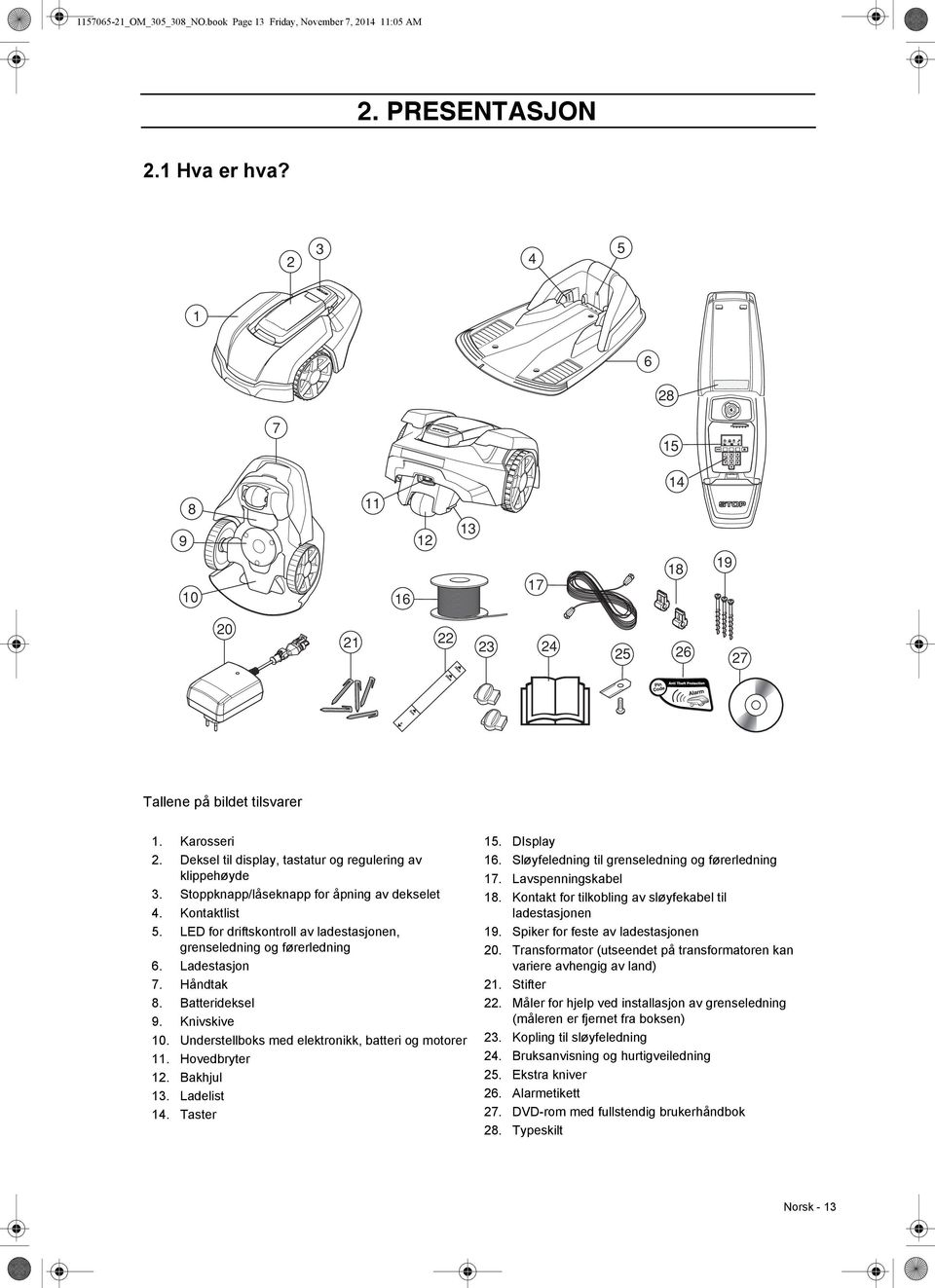 Stoppknapp/låseknapp for åpning av dekselet 4. Kontaktlist 5. LED for driftskontroll av ladestasjonen, grenseledning og førerledning 6. Ladestasjon 7. Håndtak 8. Batterideksel 9. Knivskive 10.