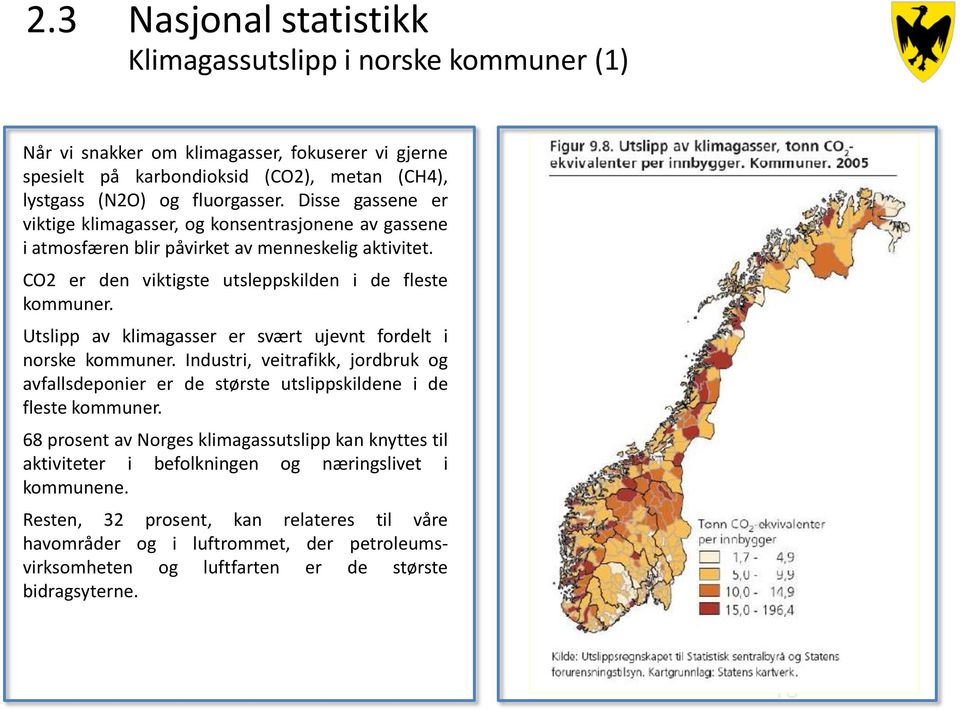 Utslipp av klimagasser er svært ujevnt fordelt i norske kommuner. Industri, veitrafikk, jordbruk og avfallsdeponier er de største utslippskildene i de fleste kommuner.